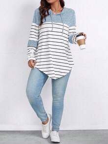 Linhara Plus Size Color Block Striped Hooded Casual T-Shirt Graphic Tees Women Tops Fall Cloth For Women - Blue - View 5