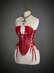 SHEIN ICON Áo bandeau chéo da giả thời trang gợi cảm ôm sát - Màu Đỏ Sâu - Xem 4