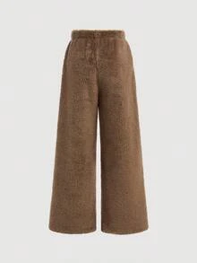 SHEIN Teen Girls Khaki Fluffy Loose Straight Leg Pants, Thick & Versatile For Casual Daily Wear Wide Leg Sweatpants Flare Sweatpants Brown Sweatpants Fuzzy Sweatpants Teddy Sweatpants Fall Winter - Brown - View 2
