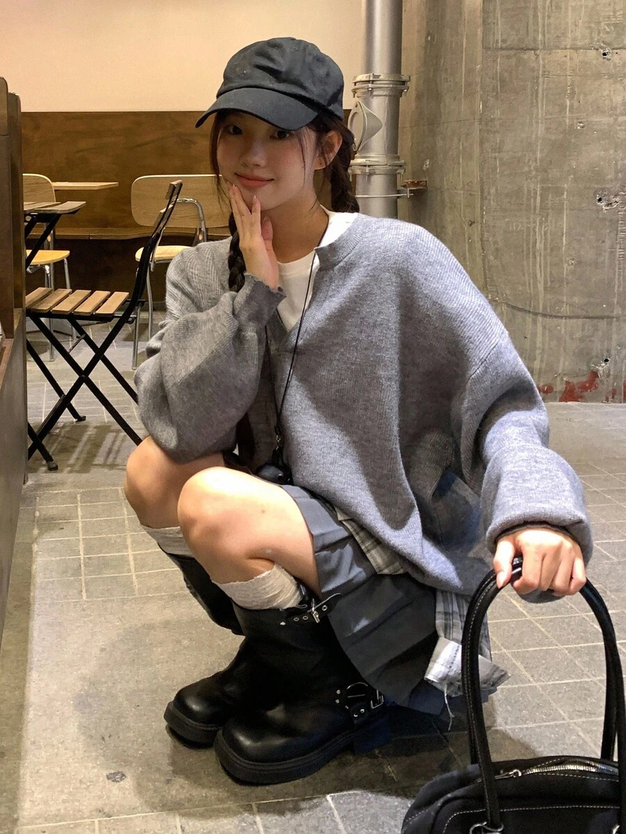 DAZY 女式V领纯色休闲街头风格宽松长袖毛衣 - 灰色 - 查看 1