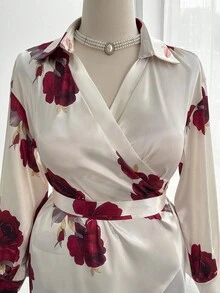 Sweetra 大码女式复古优雅V领玫瑰印花系带修身美人鱼裙两件套 - 酒紅色 - 查看 7