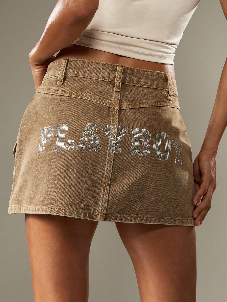 Missguided x Playboy Stone Washed Denim Mini Skirt With Diamante Embellishments For Women Casual Everyday Wear - Khaki - View 1