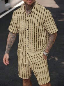 Manfinity CasualCool 2件男士纹理条纹短裤和短袖衬衫套装 - 卡其色 - 查看 4