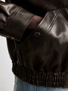 Maija 2025 Autumn/Winter High Collar Asymmetric Placket Loose Drop Shoulder Coffee Brown PU Jacket, Suitable For Modern Urban Early Autumn Back To School Season, Autumn, Winter New Year, Brown Jacket,Classic And Wearable, Old-Money Style, Understated And Chic - Coffee Brown - View 7