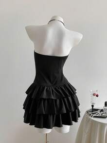 Elamini Váy ngắn bodycon viền bèo nhún dệt kim màu đen, thời trang tối giản thanh lịch cho đám cưới, trường học, công sở, thường ngày, tiệc tùng, thu/đông - màu đen - Xem 2