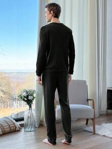 EURMUSE Cotton Men'S Ribbed Knit Homewear Set - Black - View 4