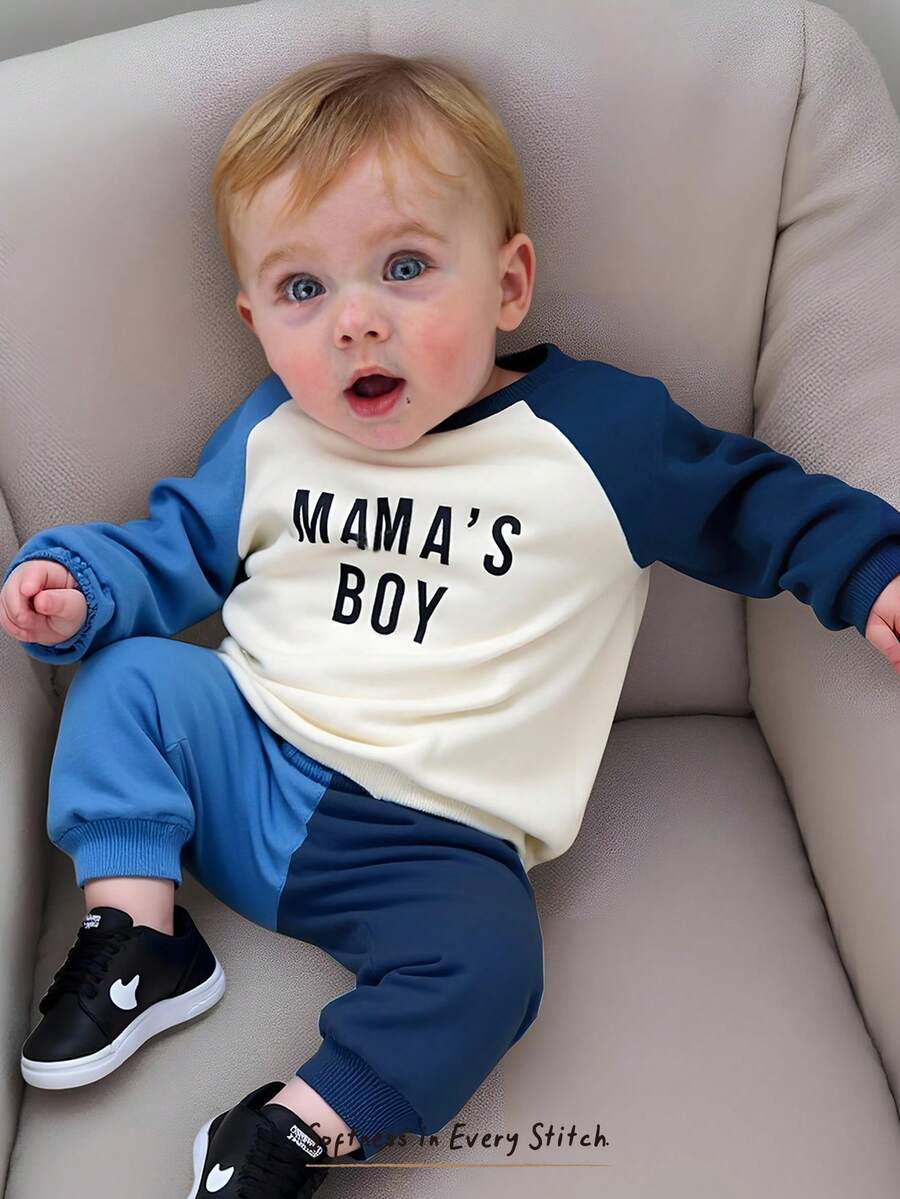 Cozy Pixies 2pcs Baby Boy Letter Print Soft Knit Crew Neck Long Sleeve Sweatshirt And Elastic Waist Pants Set Mamas Boy Outfit Baby Boy Sweatsuit Mommys Boy Baby Clothes Fall Winter - Blue - View 1