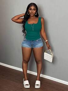 Slaydiva 休闲百搭白色深U领工字背心-C - 水鴨藍 - 查看 6