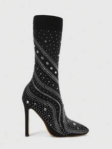 CUCCOO SZL 女士尖头高跟弹力水钻袜靴 - 黑色 - 查看 2