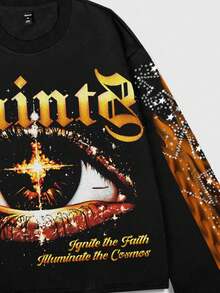 ROMWE MEN Street Life Men's Retro Graphic Eye Print Loose Cropped Long Sleeve T-Shirt, For Fall - Black - View 3