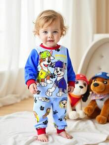 SHEIN Playful Pals Baby Boy Cartoon Puppy Print Colorblock Rib Crew Neck Long Sleeve T-Shirt And Pants Casual Outfit, Spring Autumn - Multicolor - View 12