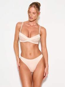 KIZN Butter Yellow Satin Bra And Panty Set Underwire Balconette Lingerie Adjustable Straps High Cut Thong Intimate Sleepwear Women Undergarments Honeymoon Essentials - Khaki - View 2