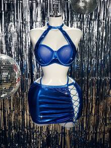SHEIN Set Lingerie Seksi Halter Wanita Ukuran Plus Warna Polos dengan Desain Berongga, 3 Potong - Biru - View 7