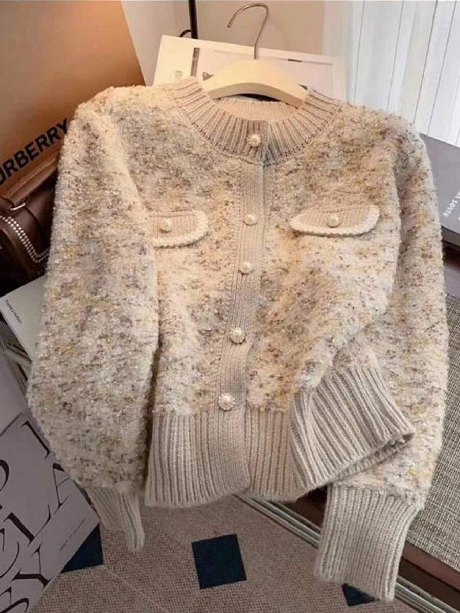 GlowEve Women's Elegant Contrast Trim Button Front Cardigan, Autumn/Winter Fall Cloth For Women - Apricot - View 1