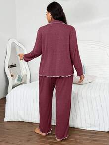 SHEIN 大码女式超柔软垂坠薄针织面料翻领开襟荷叶边长袖上衣和裤子套装，休闲宽松外套两件套，秋冬服装，舒适保暖 - 紅色 - 查看 2