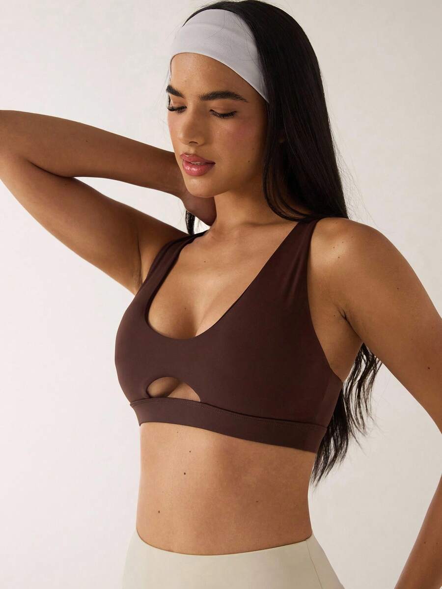 SHEIN BAE 女士纯色镂空露背吊带运动胸罩 - 棕色 - 查看 1