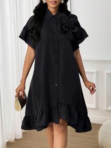 SHEIN Lady Đầm ngắn dáng rộng họa tiết hoa ba chiều màu trơn thanh lịch, thoải mái khi đi làm, dự tiệc cho nữ - màu đen - Xem 8