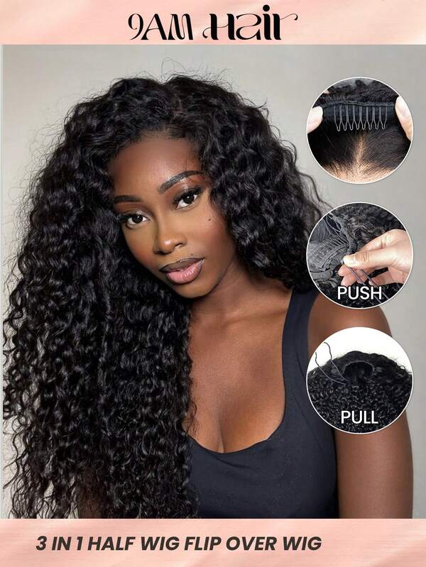 9am Hair Store Human Hair 3 IN 1 HALF WIG Seamless Water Wave Wig Flip Over Wig Human Hair No Glue No Lace Wig Half Wig Human Hair 180% Density 14-16 Bob Inch 18-28 Inch Long Hair Natural Color Black Natural Hairline Travel Essential Beginner Friendly Wigs Use Daily Fast Shipping Glueless Frontal Wigs Weaves Human Hair Vacation Essentials Halloween Costume
