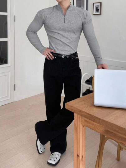 DAZY Camiseta ajustada para hombre con bordado de letras y mangas raglán, atuendo de negocios de otoño con cremallera de cuarto