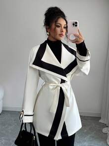 Elenzga Tie-Up Colorblock Elegant & Sophisticated Women's Regular Jacket Trench Coat - Multicolor - View 3