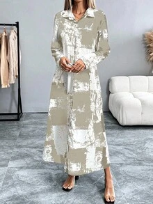 Breezaya 女士时尚扎染印花衬衫裙，春秋季长款女装长衬衫裙长款休闲连衣裙女式长袖连衣裙 - 卡其色 - 查看 3