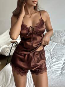 Aloruh 女士蕾丝拼布秋季服装，搭配蕾丝 V 领棕色可调节肩带露肩人造丝女士睡衣套装 - 棕色 - 查看 6