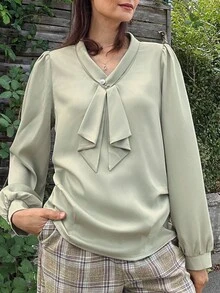 Livesso Women's V-Neck Bowknot Loose Satin Shiny Blouse Long Sleeve Top - Green - View 2