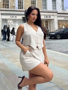 NegzBox 2pcs Women V-Neck Sleeveless Button Blouse And Loose Casual Shorts Set  Two-Piece V-Neck Vest Suit - Apricot - View 5