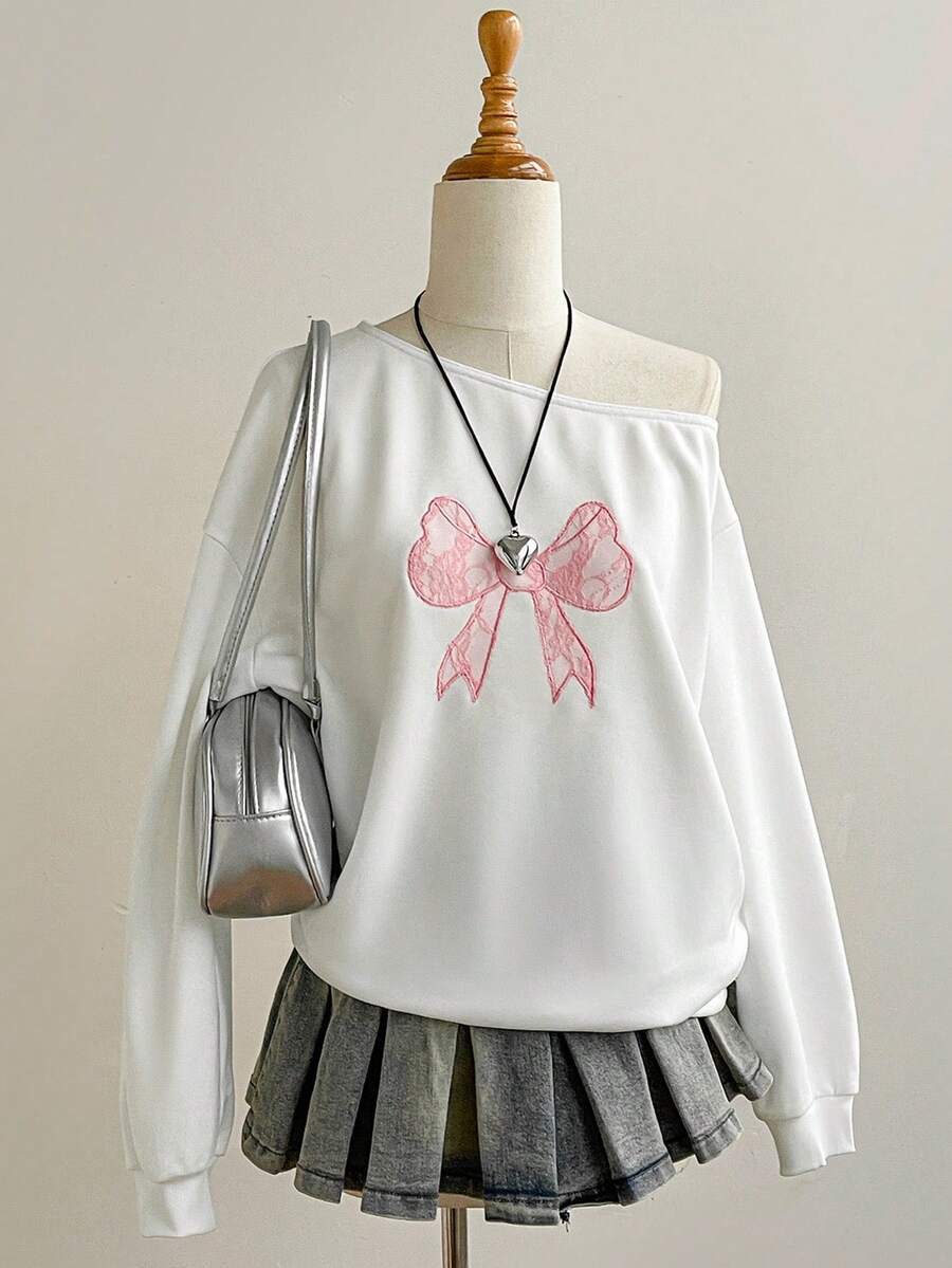 SHEIN Unity Women's Autumn Long Sleeve Bow Lace Embroidered Oblique Shoulder Sweatshirt - White - View 1
