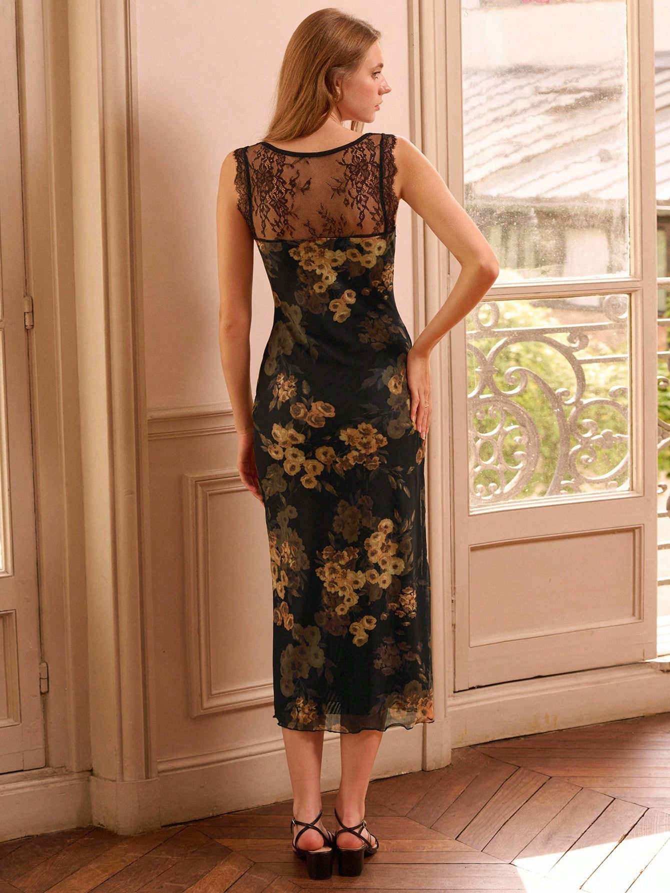 Vintage Dark Floral Print Mesh Midi Dress With Lace Straps And Back Detail Fall Women Clothes Autumn Dress Fall Women Clothes Spring Summer