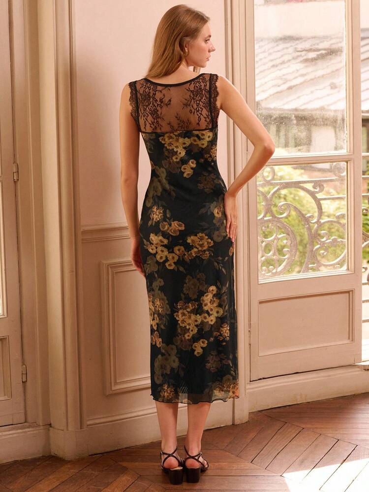 Vintage Dark Floral Print Mesh Midi Dress With Lace Straps And Back Detail Fall Women Clothes Autumn Dress Fall Women Clothes Spring Summer