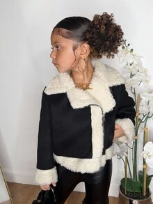 SHEIN Young Girl Black Polyester Teddy Coat Short Length Zipper Front Long Sleeve Everyday Casual Autumn Winter Clothes For Girl - Black - View 4