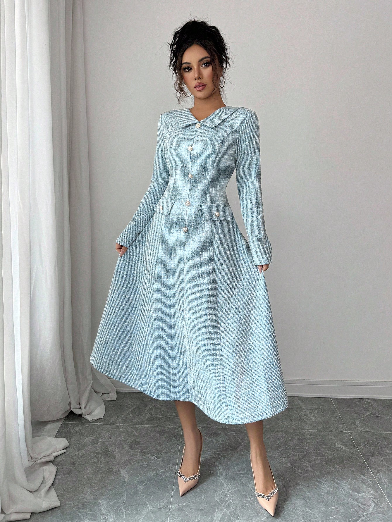 Elenzga فستان نسائي أنيق بياقة مكشكشة على شكل حرف...