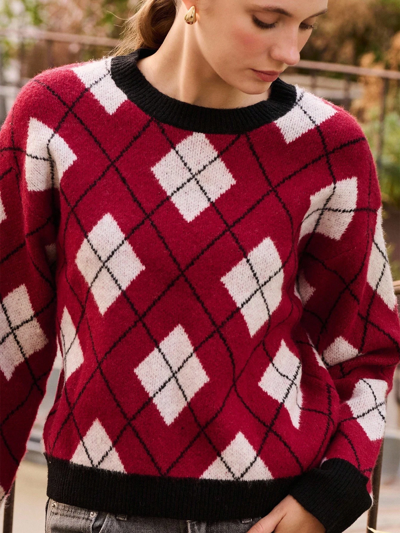 Maglione ampio a rombi, adatto per la primavera e l'estate, per uscite e il Capodanno