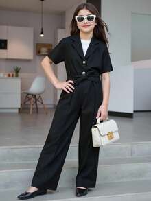 Tween Girl Colourblock Cami Jumpsuit & Lapel Collar Blazer - Black and White - View 9