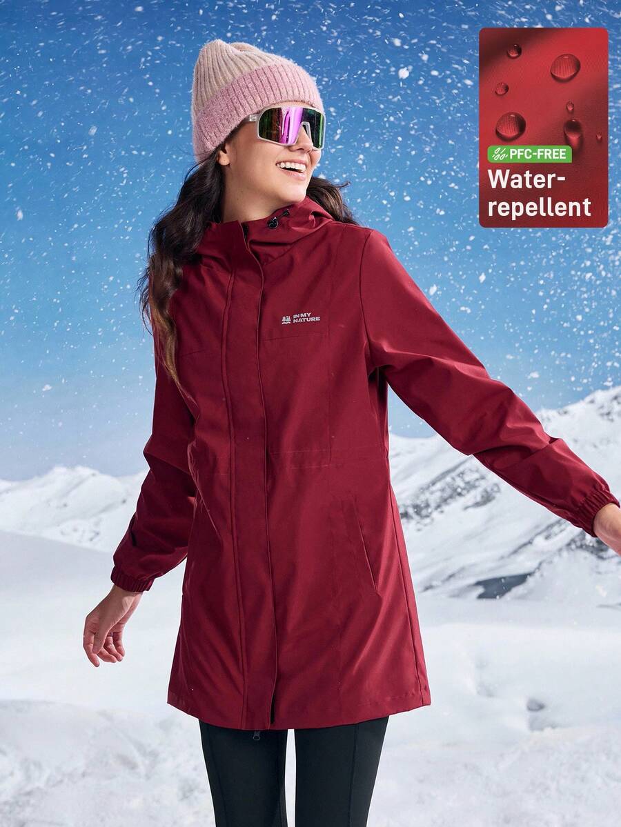 In My Nature Women's Burgundy Hooded Outdoor Hiking Jacket,Autumn Athletic Zipper Front Drawstring Waist Soft Shell Windbreaker,Versatile Warm Fall Winter Coat - Burgundy - View 1