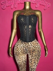 Slaydiva Novidade verão 2025, ideal para festas de aniversário, volta às aulas, estilo universitário, uso diário, casual, férias, cruzeiros, praia, banho de sol, viral, streetwear, clube sexy, top cropped feminino com bainha assimétrica, patchwork de malha preta e calça capri de malha com estampa de leopardo, conjunto de 2 peças - Multicolorido - Ver 2