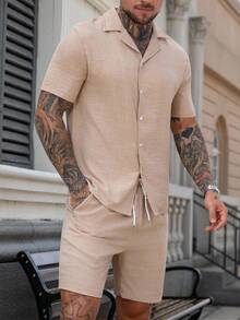 Manfinity Homme 2pcs Men's Cuban Collar Short Sleeve Textured Shirt Set - Khaki - View 5