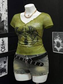 Sunspun Camiseta de manga corta con cuello medio abierto, estampado digital de alas abstractas para mujer de talla grande