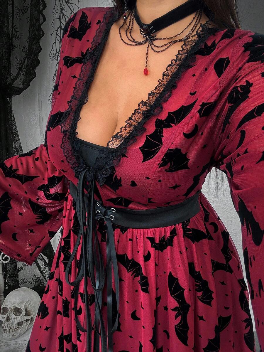 Whyspr Đầm cỡ lớn phong cách Grunge Punk, tay áo loe, chất liệu lưới xuyên thấu, phối màu tương phản, cổ chữ V, eo ngắn. - Nhiều màu - Xem 1