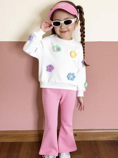 SHEIN 2pcs/Set Girls Floral Decor Sweatshirt And Flared Pants Outfit Pink Outfit Set For Girls Girls Outfit Set With Purse Little Girl Pink Outfit Kids Pink Outfit Set Toddler Girl Clothes