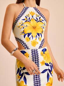 CAJUNI Vestido largo de verano con estampado brasileño en azul y amarillo, con escote halter, espalda descubierta y cintura con lazo para mujer