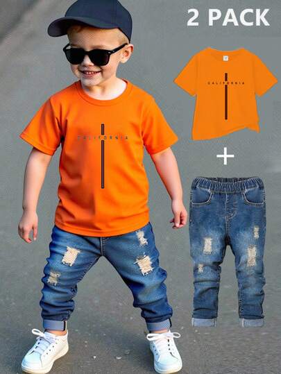 SHEIN Playful Pals 2 件套年轻男孩休闲时尚街头风格简约加州十字图案橙色短袖圆领 T 恤和牛仔裤套装