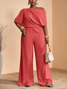 Veslaya Bộ jumpsuit dáng ôm, lệch vai, xếp ly, bất đối xứng, ống rộng, màu kaki trơn, thích hợp cho mùa Xuân/Hè, chất liệu vải dệt họa tiết, cỡ lớn, thích hợp cho tiệc tùng, hẹn hò, dạ hội. - Đỏ - Xem 6
