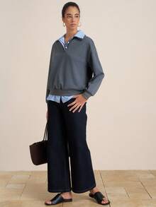 Airaco 女士格子衬衫领落肩长袖休闲宽松运动衫，秋季 - 深灰色 - 查看 2