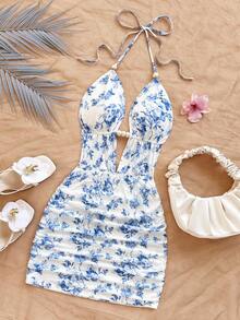 Soleia Robe mini dos nu à col ras-du-cou avec imprimé floral sexy, pour l'été