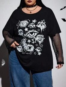 SHEIN CURVE+ Áo thun tay dài in hình mắt Gothic cỡ lớn cho nữ, màu tương phản, họa tiết đầu lâu cho ngày lễ Halloween cỡ lớn/Mùa thu/Đông - màu đen - Xem 3