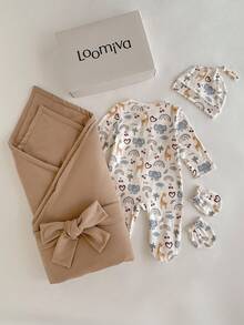 Loomiva طقم ملابس مريح للرضيع صبي/بنت (جمبسوت + قفازات + قبعة + بطانية لف الرضيع + لف الرضيع) للخريف والشتاء - متعدد الألوان - مشاهدة 2