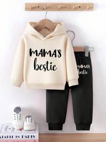 SHEIN Playful Pals 2 件套女婴服装，时尚简约撞色字母印花连帽卫衣和撞色字母印花裤，适合秋冬季外出，妈妈最好的运动服套装 - 彩色 - 查看 5