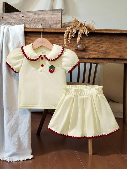 SHEIN 女婴可爱休闲草莓刺绣上衣和裙子套装，适合春夏季和圣诞节